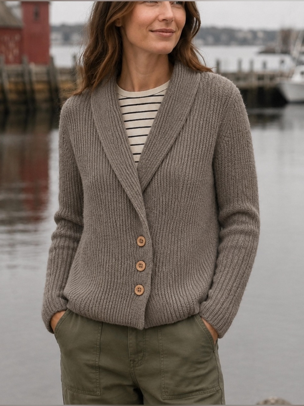 Vintage 80’s 100% Shetland Wool Cowl Neck Cardigan Sweater Taupe Gray, M